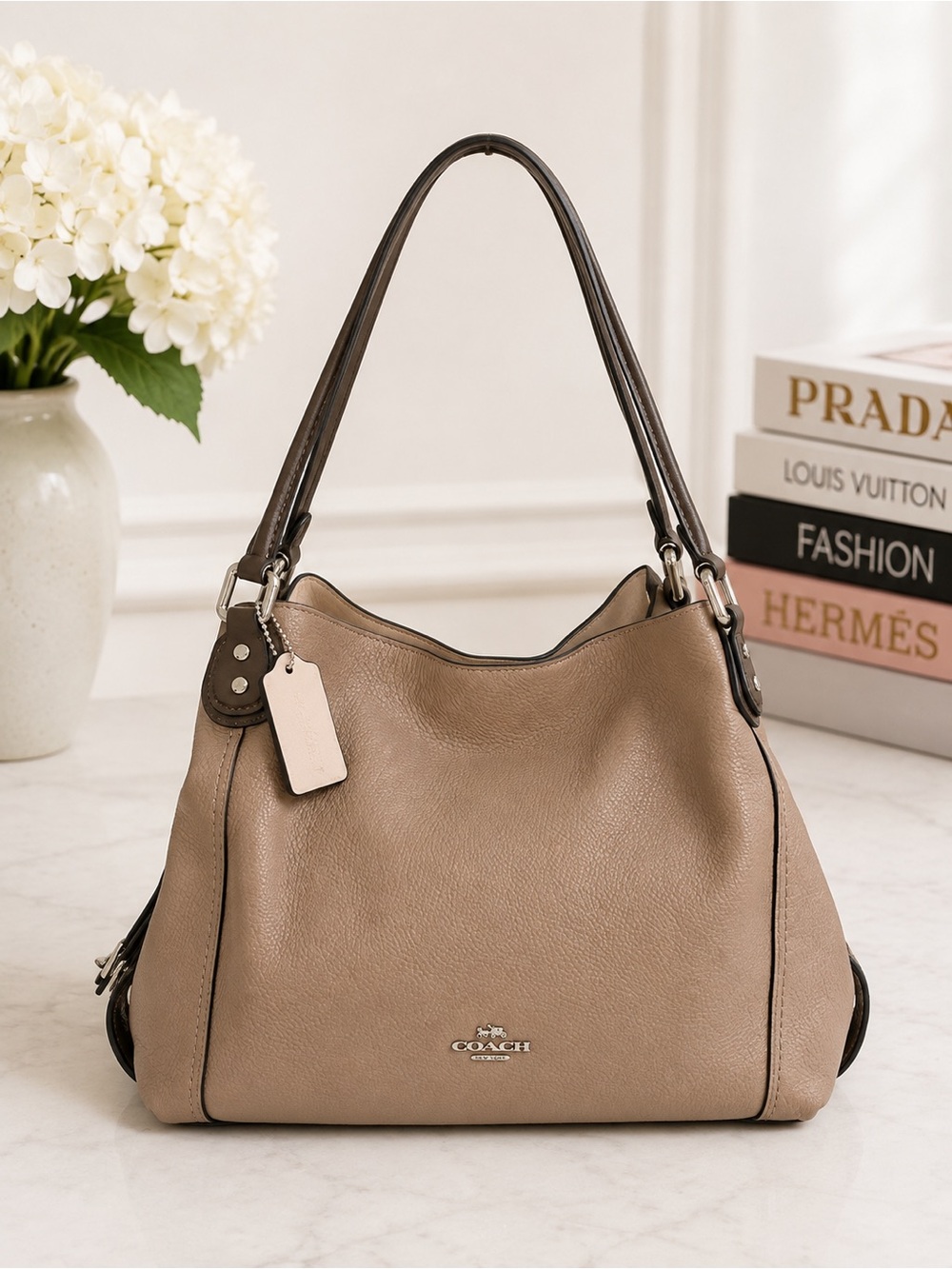Coach Edie Pebbled Leather Shoulder Bag Taupe Exotic Trim Large Tote